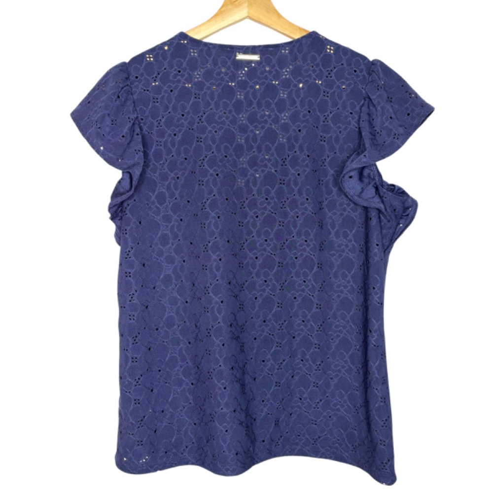 Blue Stretch Eyelet V Neck Top - Picture 5 of 5
